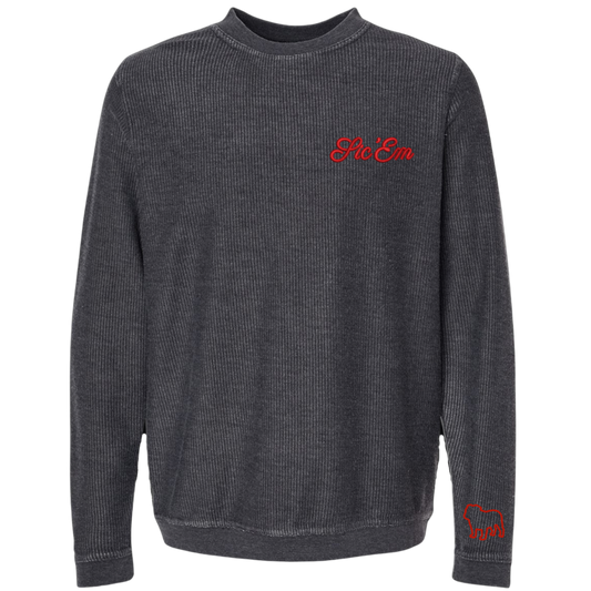 Sic’ ’Em Embroidered Corduroy Crewneck