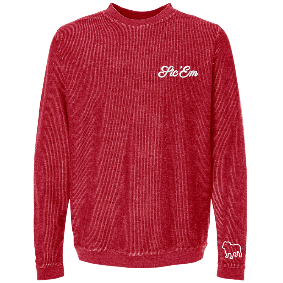 Sic’ ’Em Embroidered Corduroy Crewneck